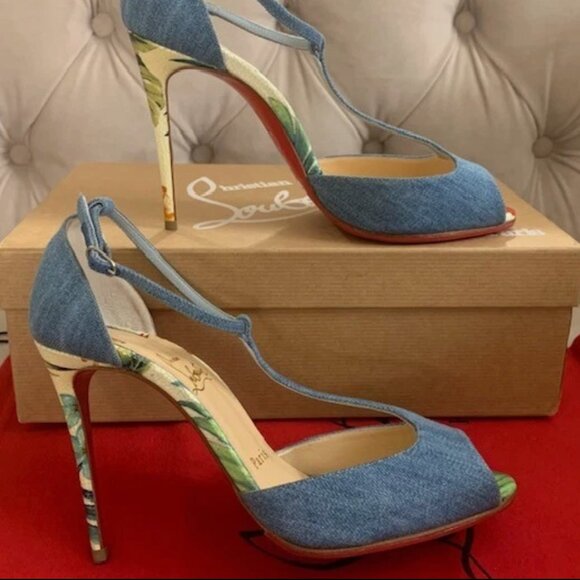 Christian Louboutin Women Senora 4" Denim Hawaii Peep Toe Pumps Sz 36.5 Blue NIB - Picture 5 of 15